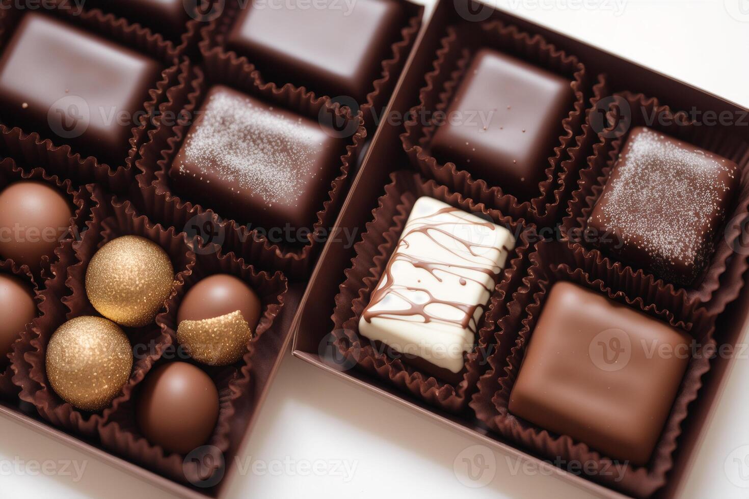 An assortment of chocolate, candy, bars and chocolate pieces on a wooden background, sweet food. Chocolate cake. photo