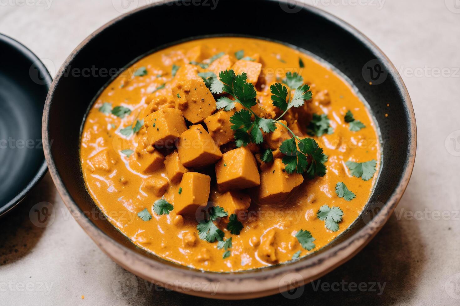 Curry with chicken and vegetables in a bowl on a wooden table. Gumbo. Vegetable soup. Seafood soup photo