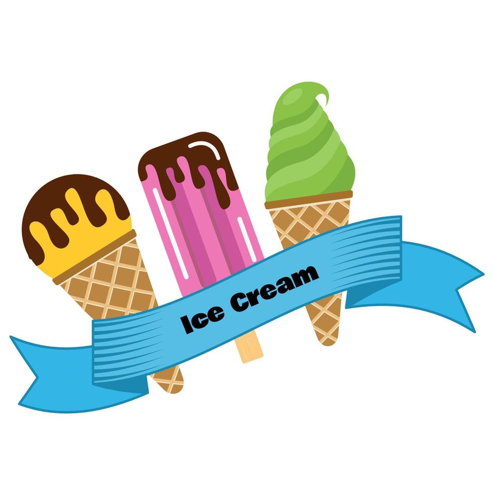 Three different ice cream wrapped in blue ribbon with the inscription ice cream. Vector illustration