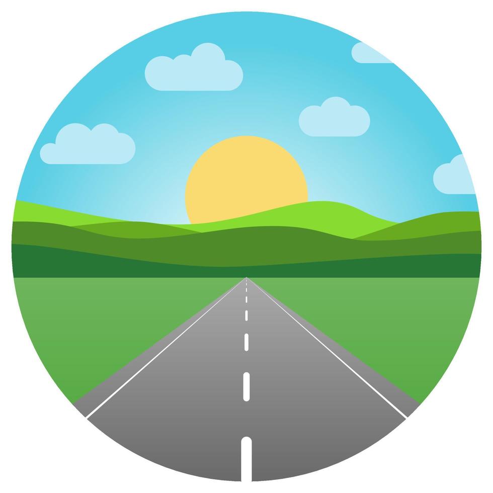 Vector asphalt road leaving into the horizon in circle. Summer landscape with highway at sunrise with green field and clouds on blue sky.