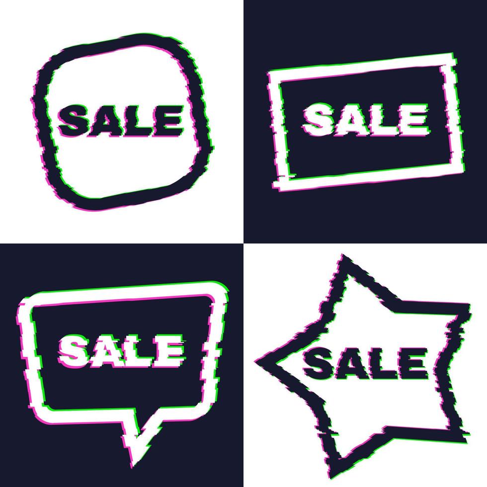 Set of four distorted glitch sale banners with error effect on the edges and in text. Vector illustration.