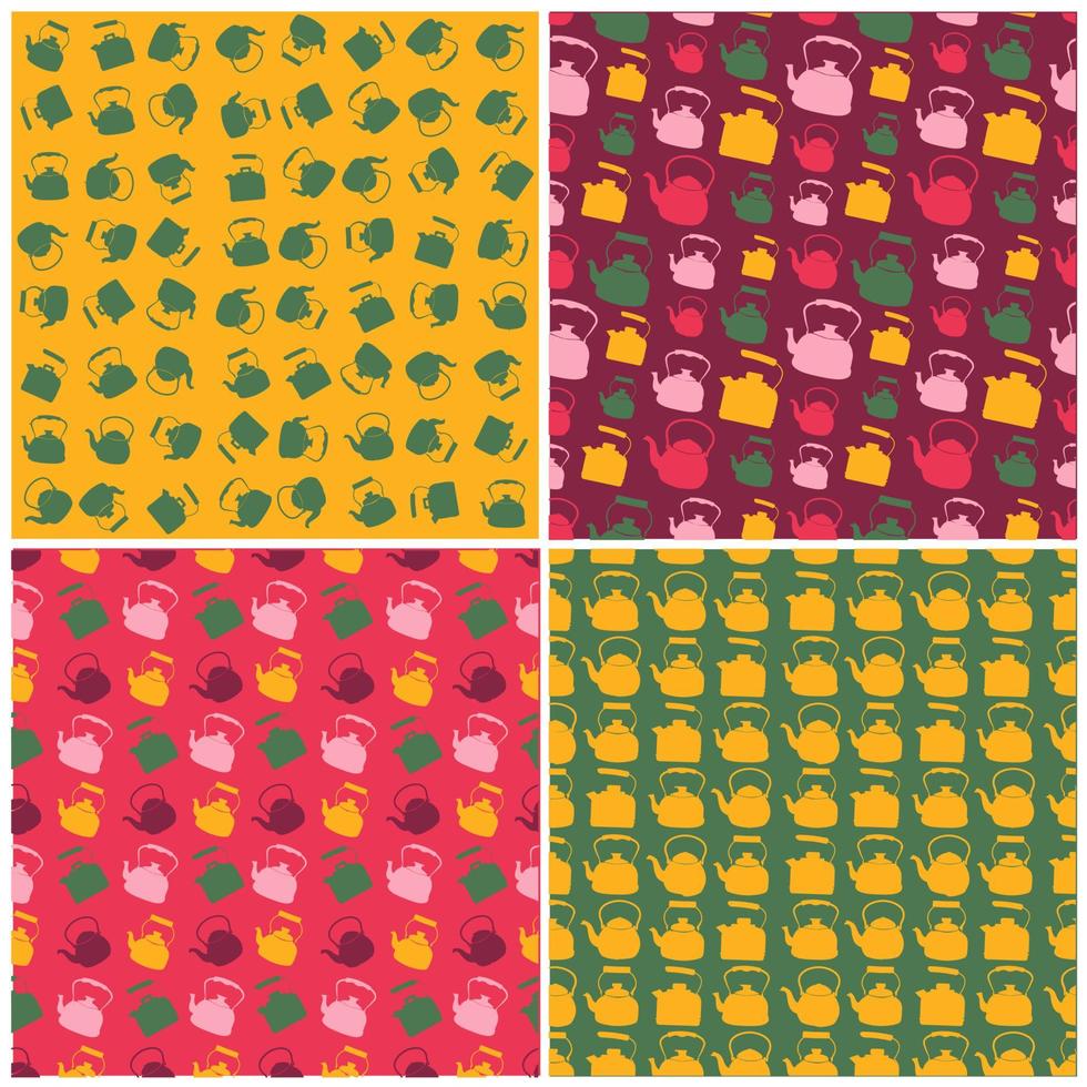 Set of seamless Colorful Pattern with Kettle. Vector background with different teapots. Endless kitchen texture.