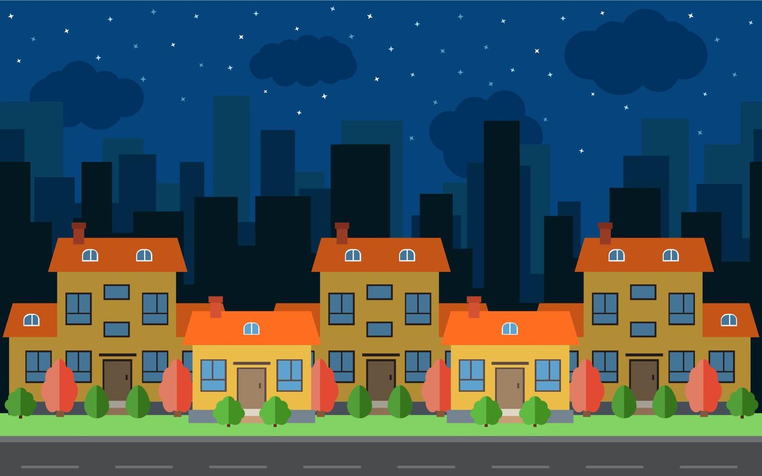 vector noche ciudad con cinco dibujos animados casas y edificios ciudad espacio con la carretera en plano estilo antecedentes concepto. verano urbano paisaje. calle ver con paisaje urbano en un antecedentes