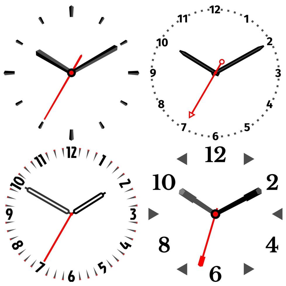 un conjunto de cuatro mecánico relojes reloj cara en blanco antecedentes. vector