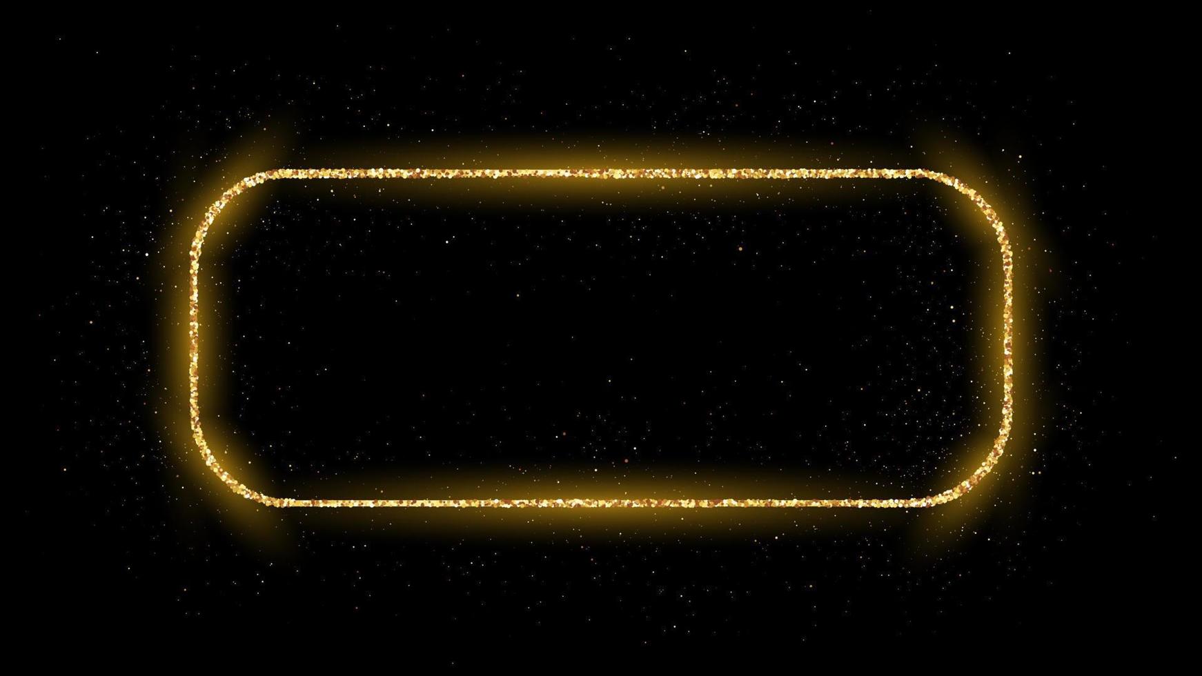 Golden rounded rectangle frame with glitter, sparkles and flares on dark background. Empty luxury backdrop. Vector illustration.