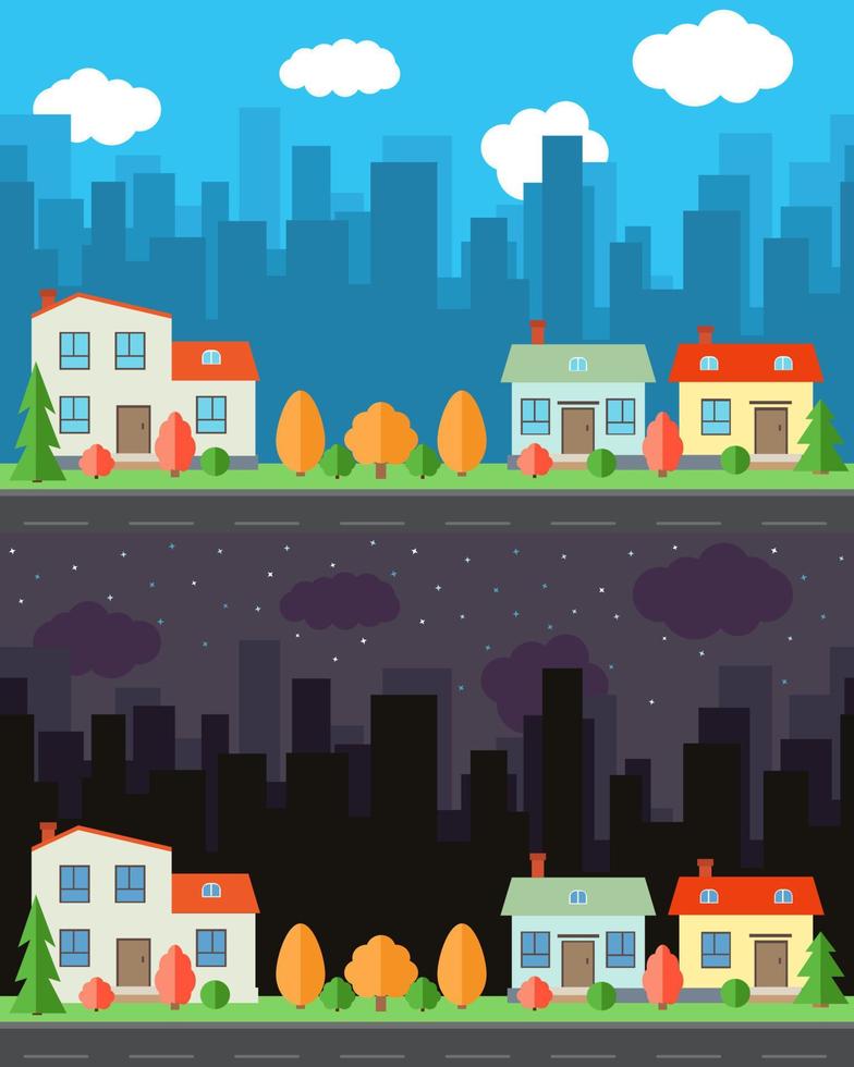 Vector city with three cartoon houses and buildings in the day and night.Summer urban landscape. Street view with cityscape on a background