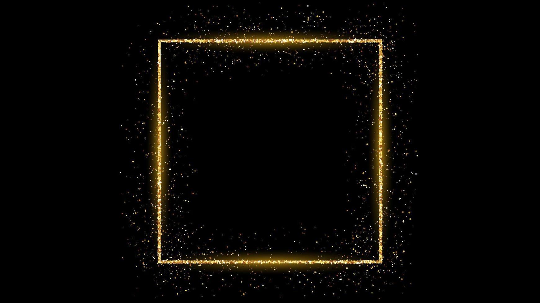 Golden square frame with glitter, sparkles and flares on dark background. Empty luxury backdrop. Vector illustration.