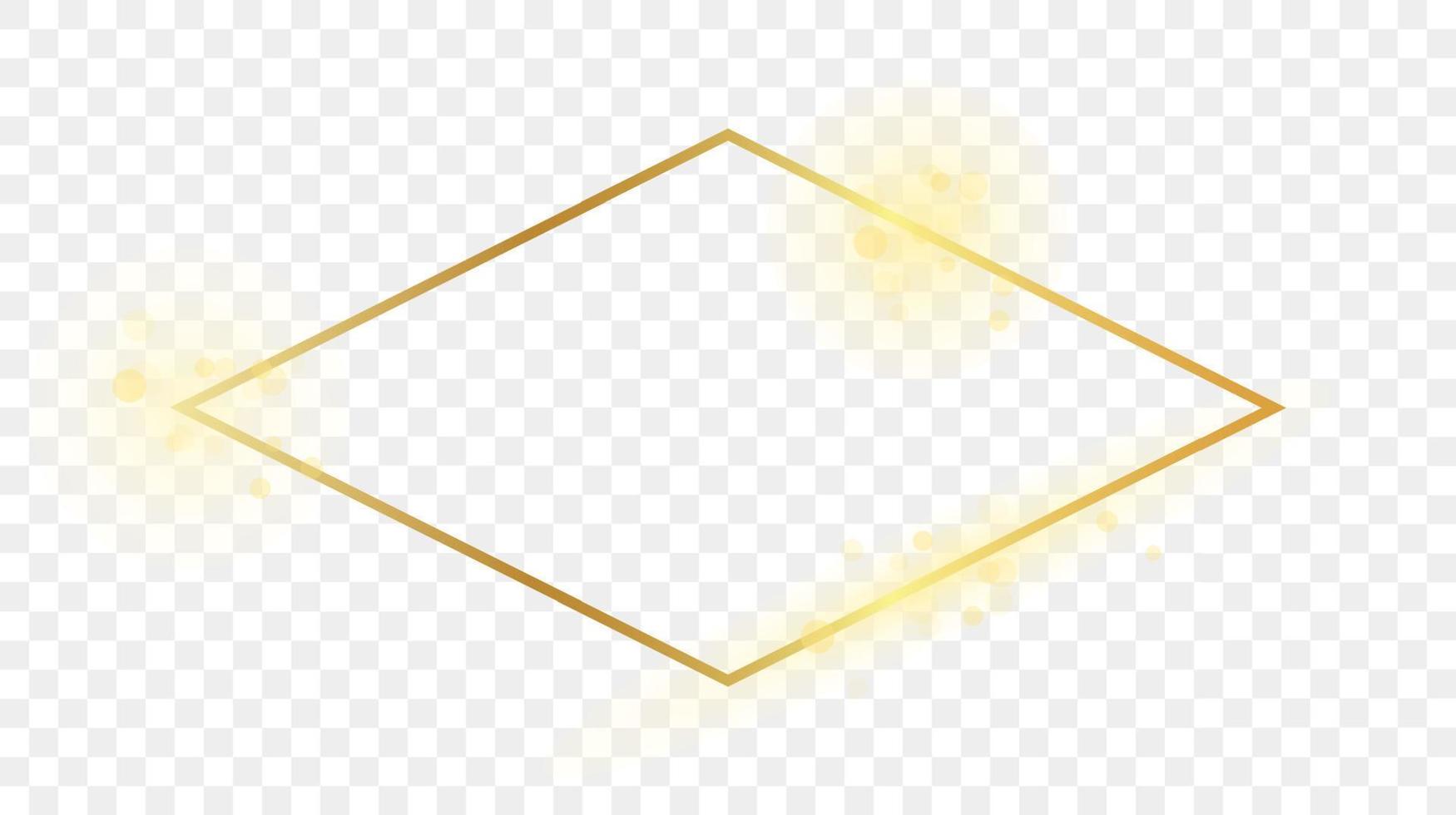 Gold glowing rhombus shape frame isolated on background. Shiny frame with glowing effects. Vector illustration.