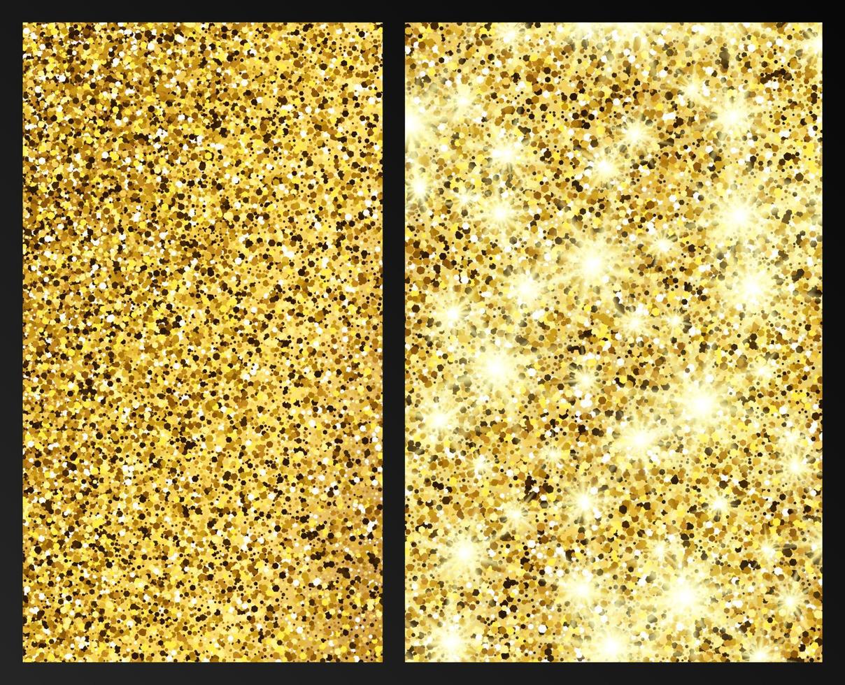 Set of two golden glittering backgrounds with gold sparkles and glitter effect. Empty space for your text. Vector illustration