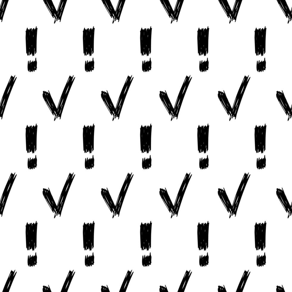 Seamless pattern with hand drawn check and exclamation mark symbols. Black sketch check symbol on white background. Vector illustration