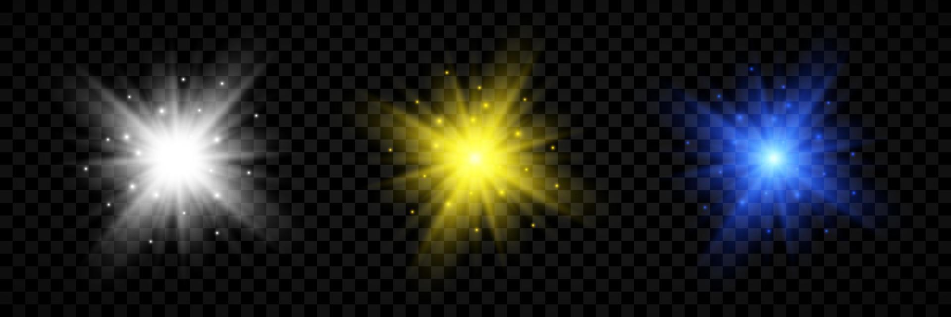 Light effect of lens flares. Set of three white, yellow and blue glowing lights starburst effects with sparkles vector