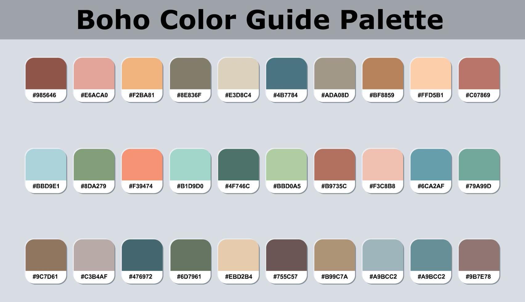 Set Of Boho Color Palette Catalog Sample With RGB HEX Codes Isolated In Groups For Ui Design, Fashion Interior And Website Designing Vector Graphics