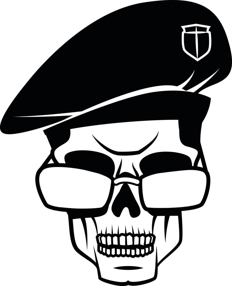 humano cráneo con militar sombrero y Gafas de sol vector