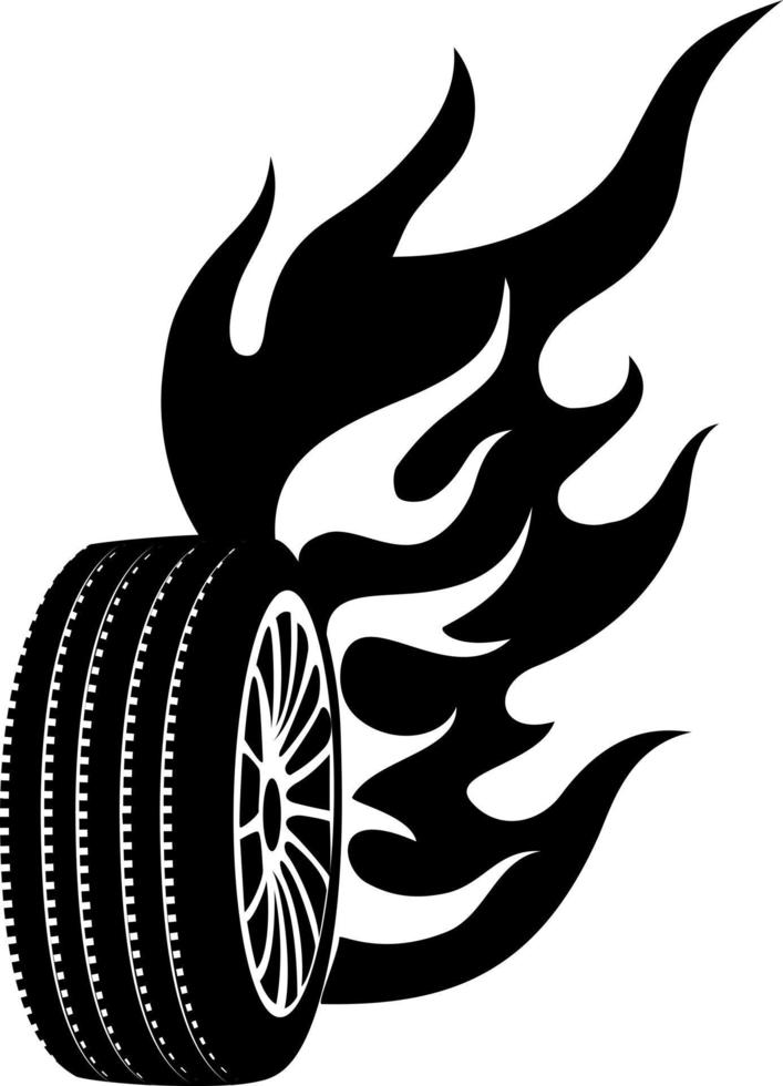 Black And White Vector Image Of A Wheel On Fire