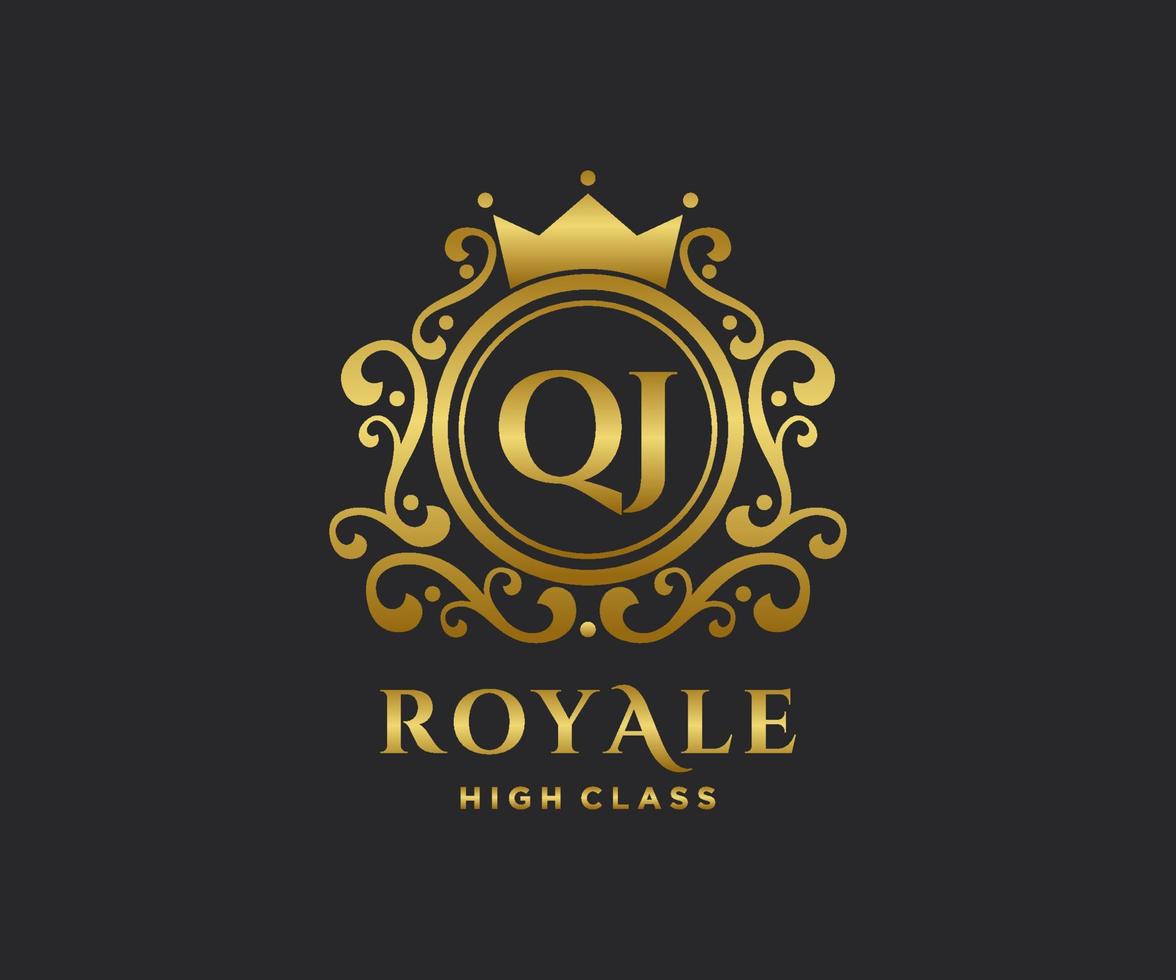 Golden Letter QJ template logo Luxury gold letter with crown. Monogram alphabet . Beautiful royal initials letter. vector