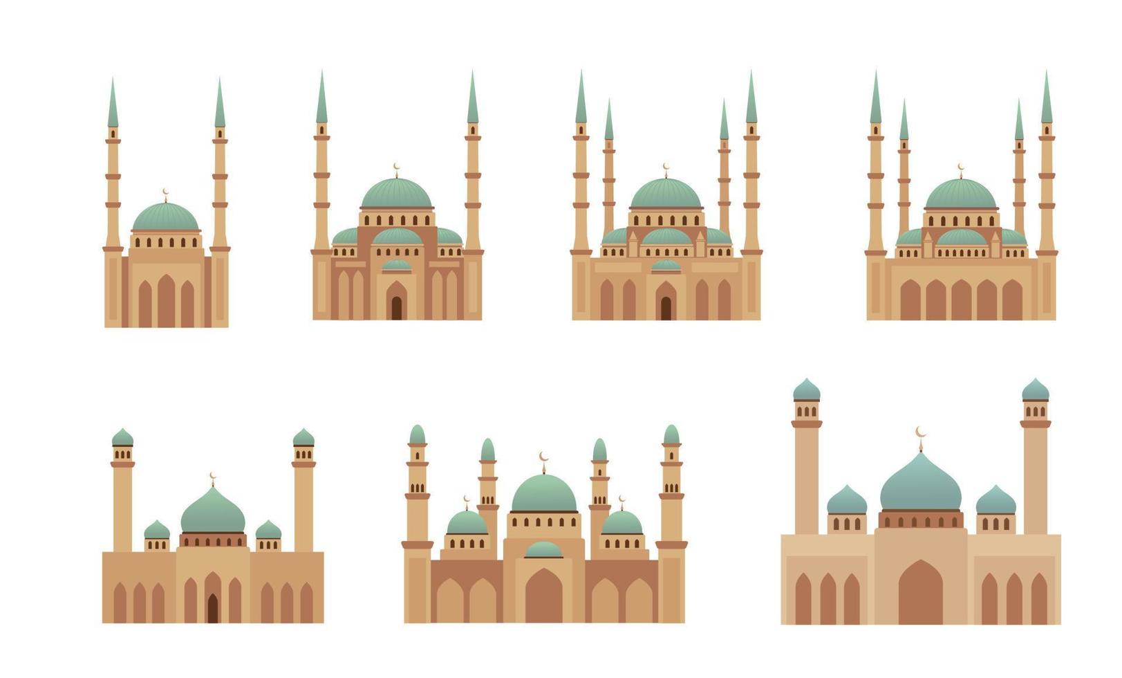 Set of Muslim mosque vector illustration. Eid Mubarak, Ramadan Kareem greeting card. Travel destinations, tourism