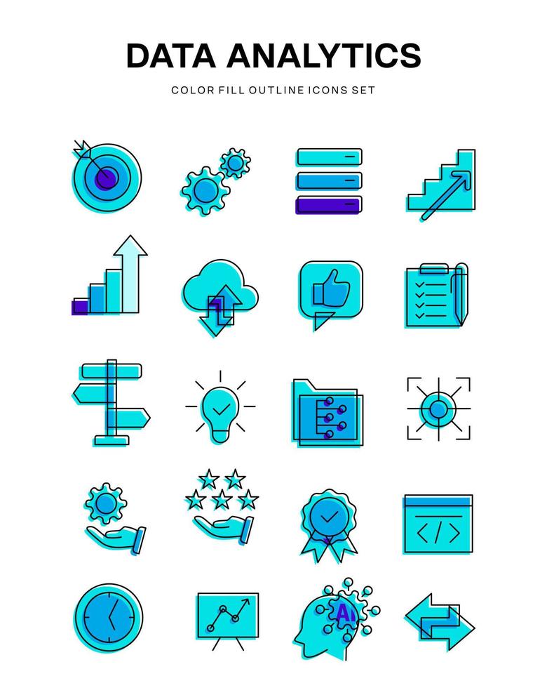 data analytic business infographic illustration outline fill color icon set vector