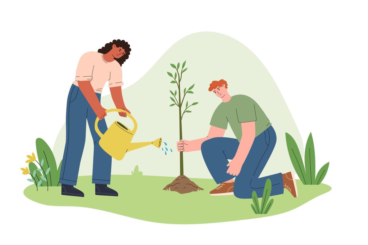 Group people plant trees in park, reforestation. Ecology concept. Taking care of planet. World Environment Day. Gardener or farmer work in garden. Creative web page illustration vector
