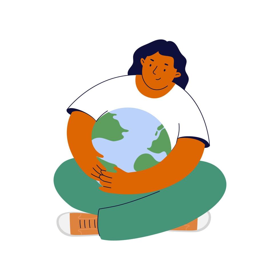 Woman hugs planet with care on white background. Environment protection, sustainability concept. Eco friendly. Earth day. Flat vector illustration