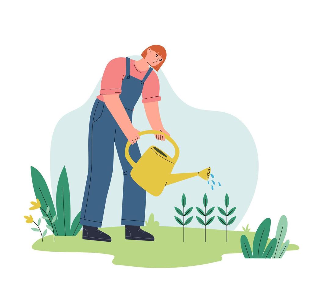 Happy woman watering plants in garden. Female character care about flowers. Spring farming activity. Hobby, lifestyle concept. World Environment Day. Modern flat vector illustration