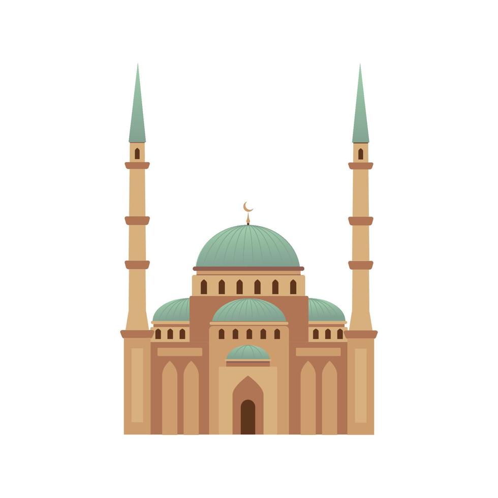 Muslim mosque on white background. Eid Mubarak, Ramadan Kareem greeting card. Vector illustration