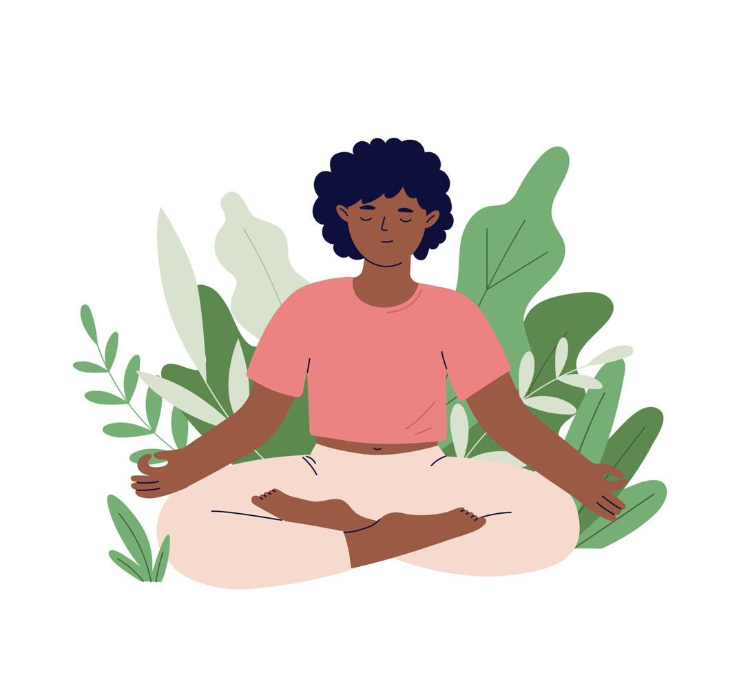Woman with croosed legs practices yoga in nature. Relaxation and harmony. Mental wellness and self care. Flat vector illustration