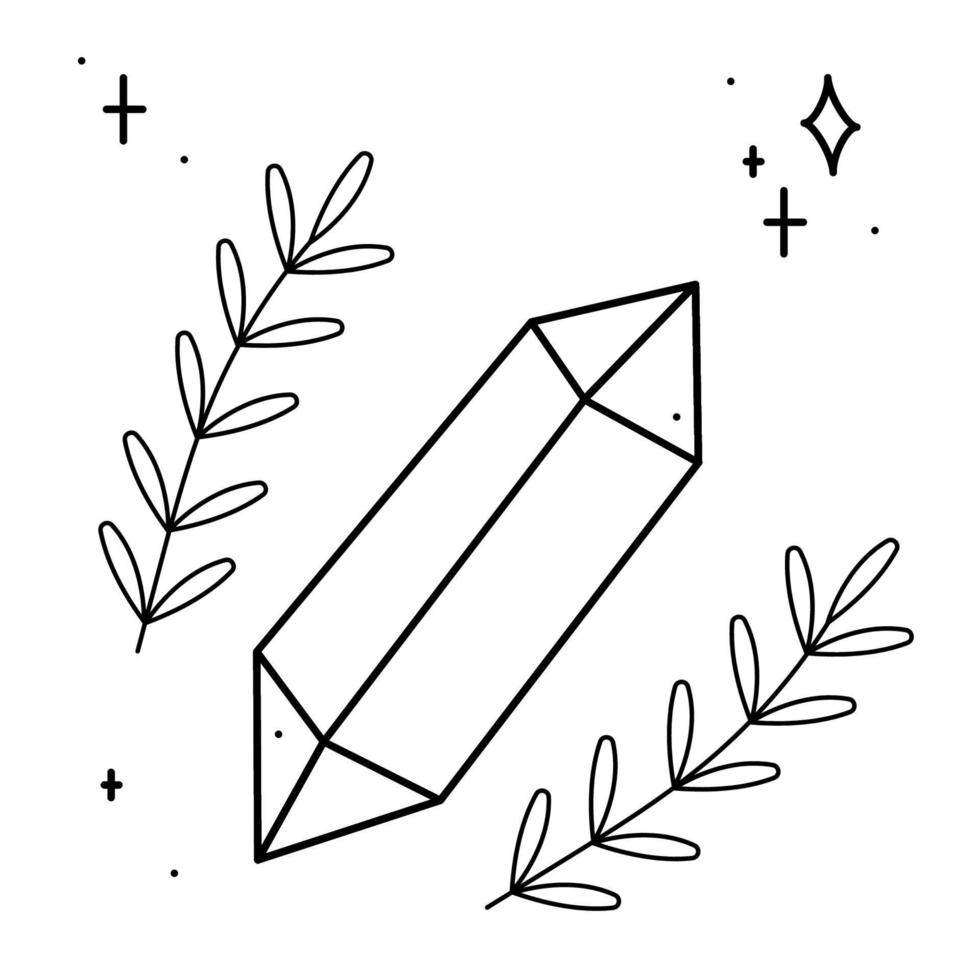 Magic crystal 2 surrounded by abstract branches and stars. Doodle vector illustration, clipart.