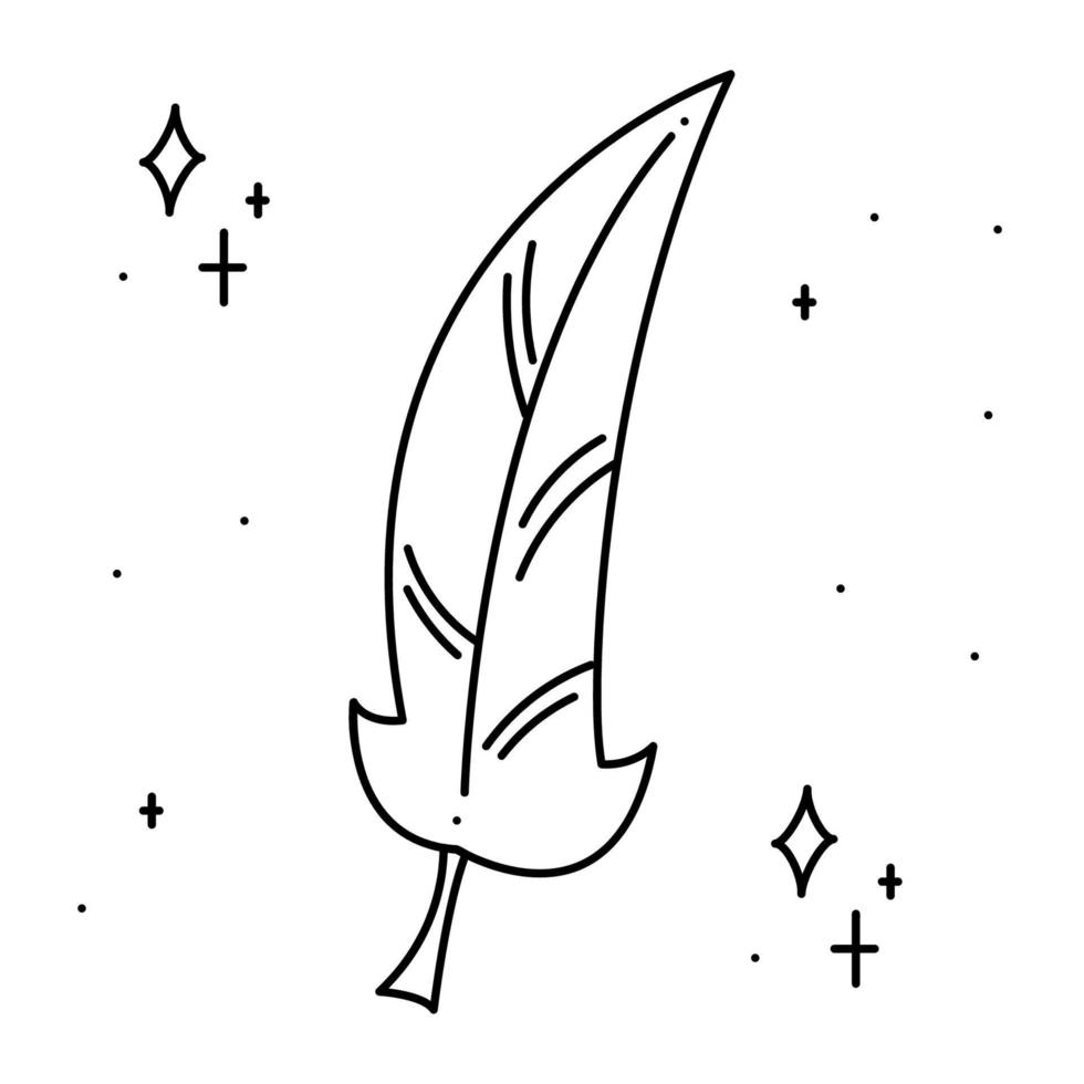 Magic feather surrounded by stars. Doodle vector illustration, clipart.