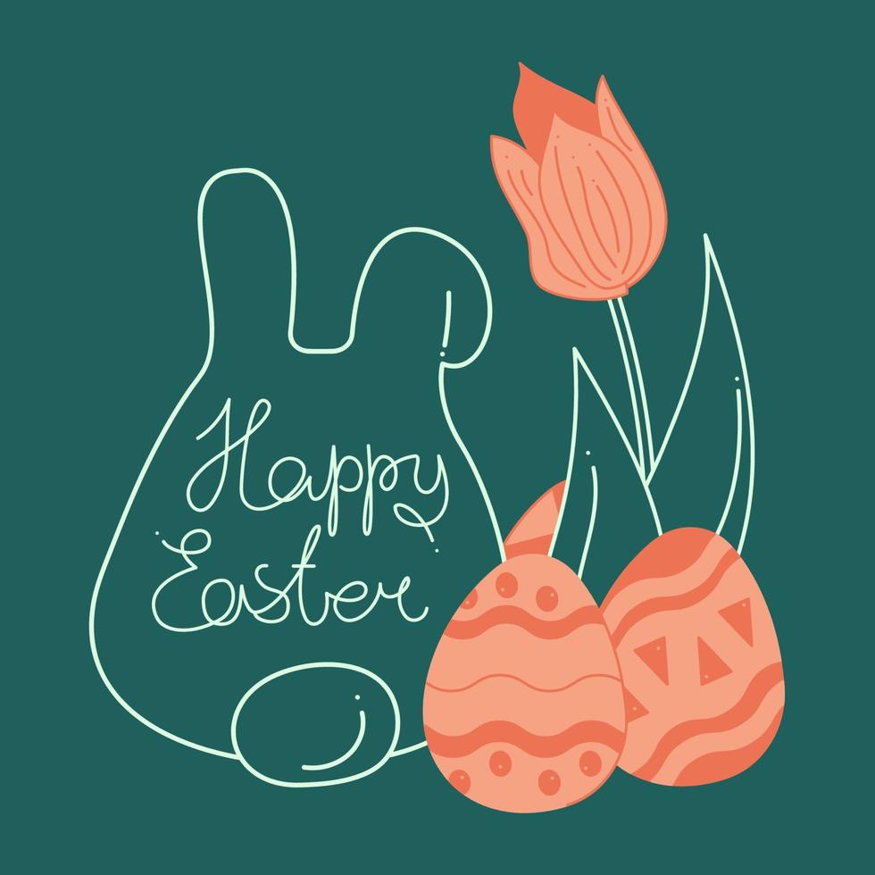 Greeting card with cute Easter bunny, tulip and eggs. Doodle vector color illustration.