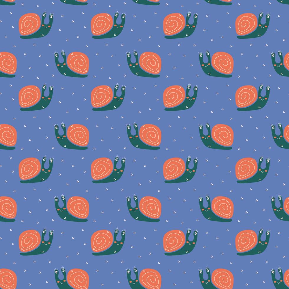 Seamless pattern with a cute snail character. Cartoon flat vector illustration.