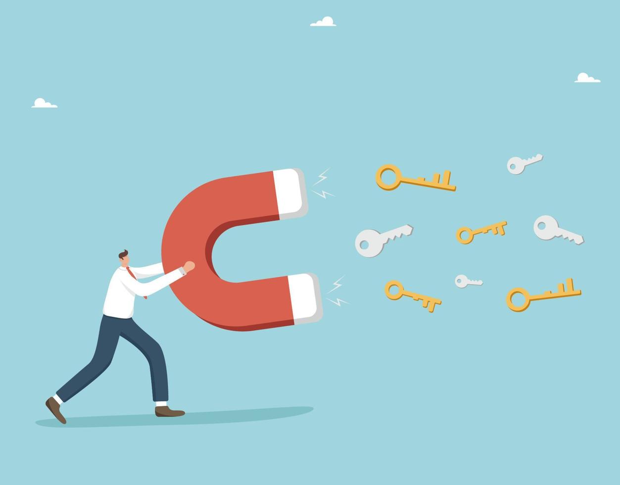 Secret key or method of defeating a competitor, finding a strategy for the development or growth of a business, career opportunities, man with a magnet attracts the golden and silver keys of success. vector