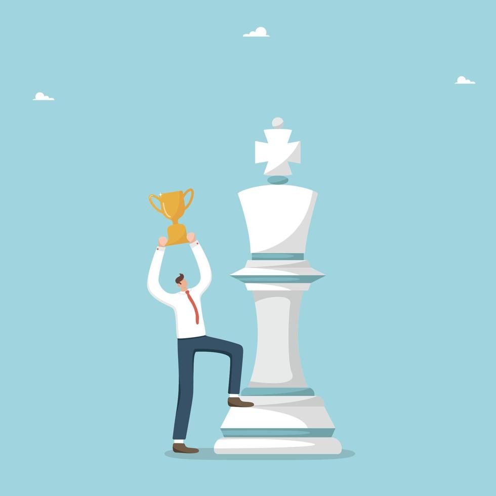 Great success or achievement, getting a coveted promotion in a career, winning the right business strategy, a secret key or weapon to defeat an opponent, a man with a goblet near the chess king. vector