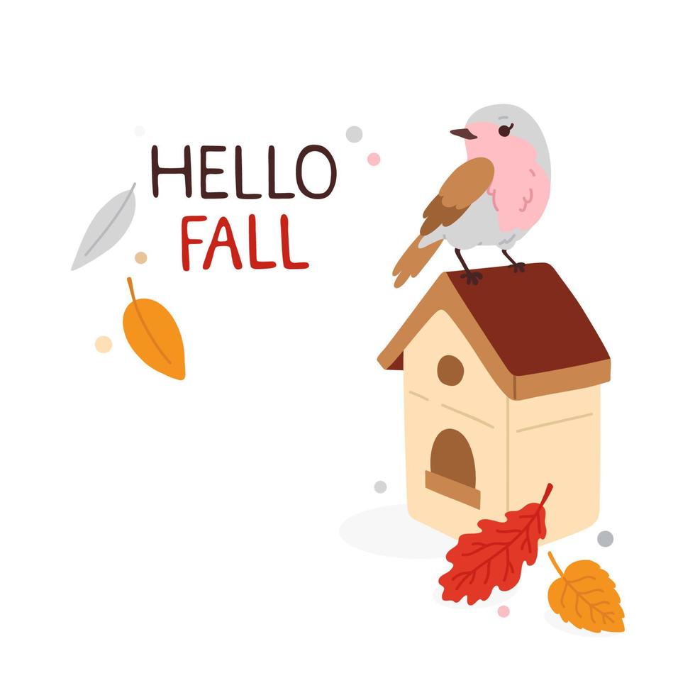autumn print with bird on birdhouse and leaves vector