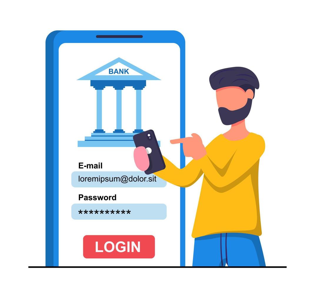 Mobile banking. A man logs into his personal account through a bank app on his smartphone vector