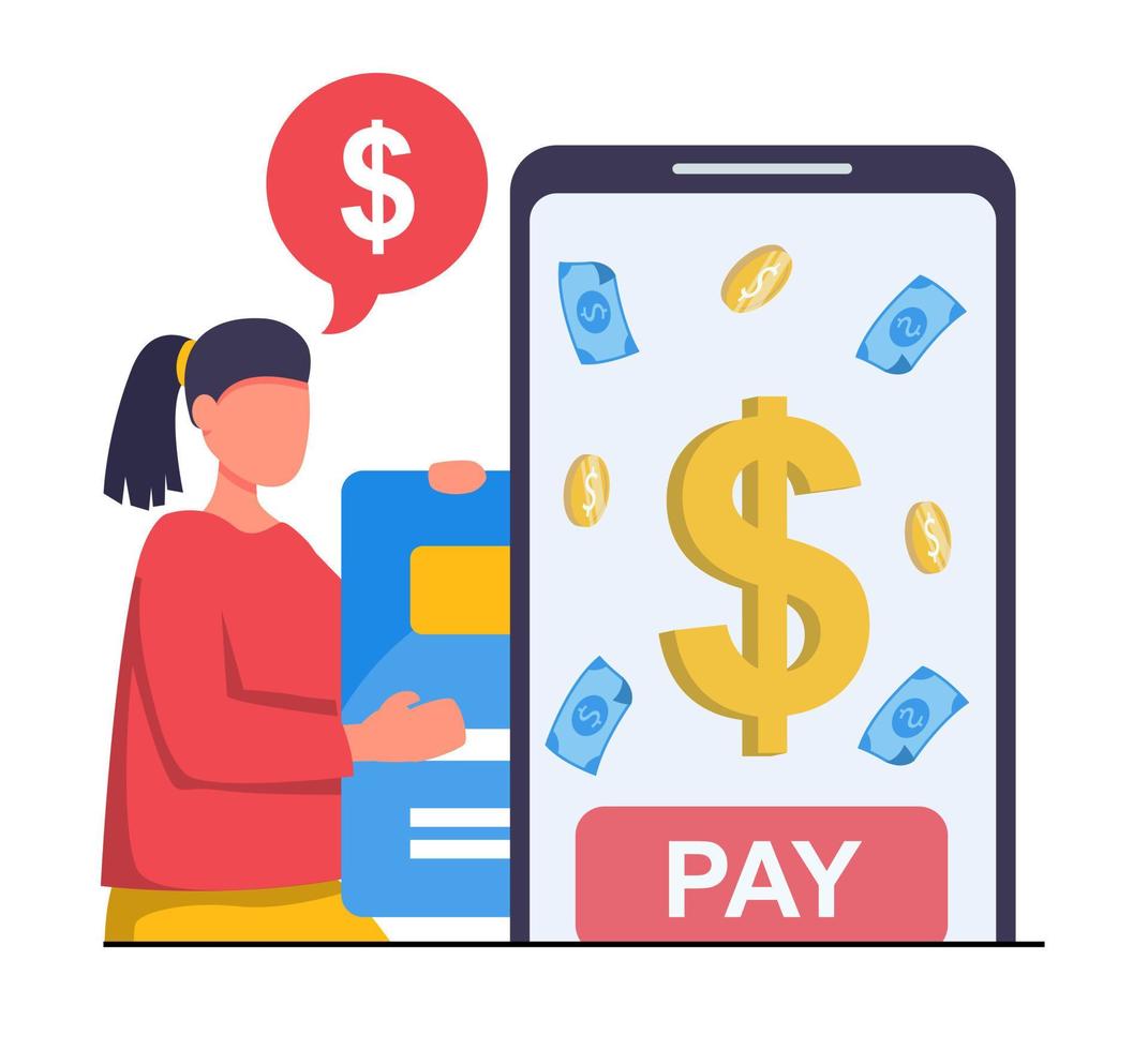 Online payment. Woman pays with credit card vector