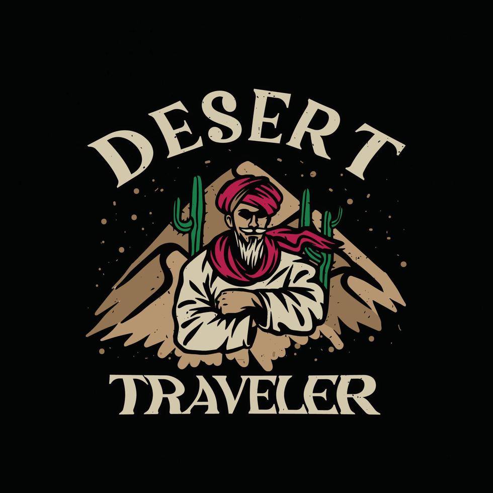 Vector hand drawn illustration of a eastern man with desert in the background for streetwear