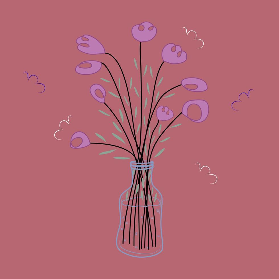 Still life hand drawn abstract flowers in a see through bottle vase with leaf and butterfly around vector illustration