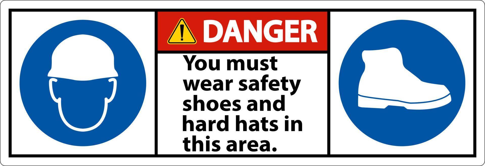 Danger Sign, You Must Wear Safety Shoes And Hard Hats In This Area vector