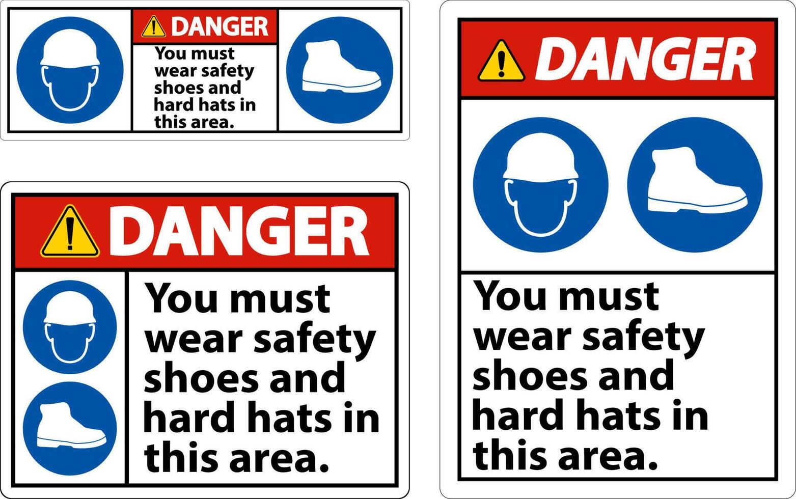 Danger Sign, You Must Wear Safety Shoes And Hard Hats In This Area vector