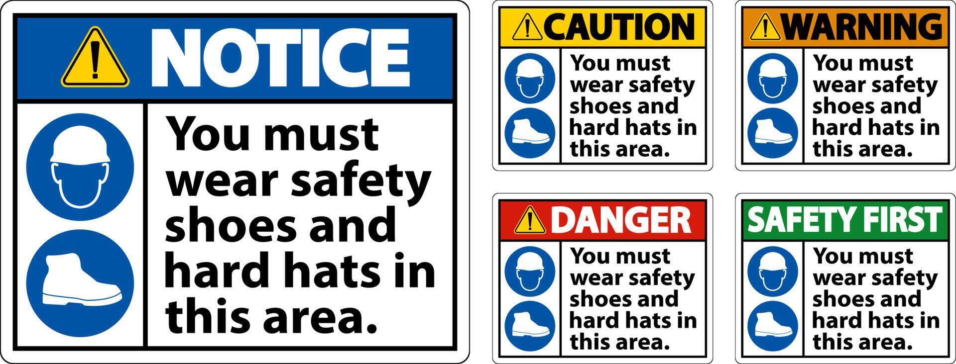 Warning Sign, You Must Wear Safety Shoes And Hard Hats In This Area vector