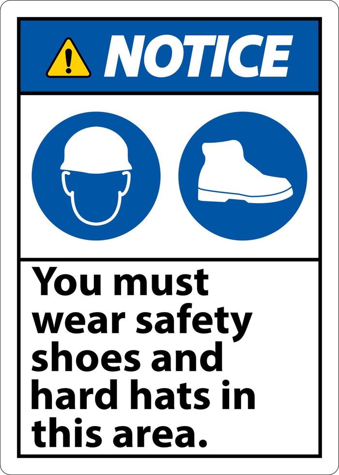 Notice Sign, You Must Wear Safety Shoes And Hard Hats In This Area vector