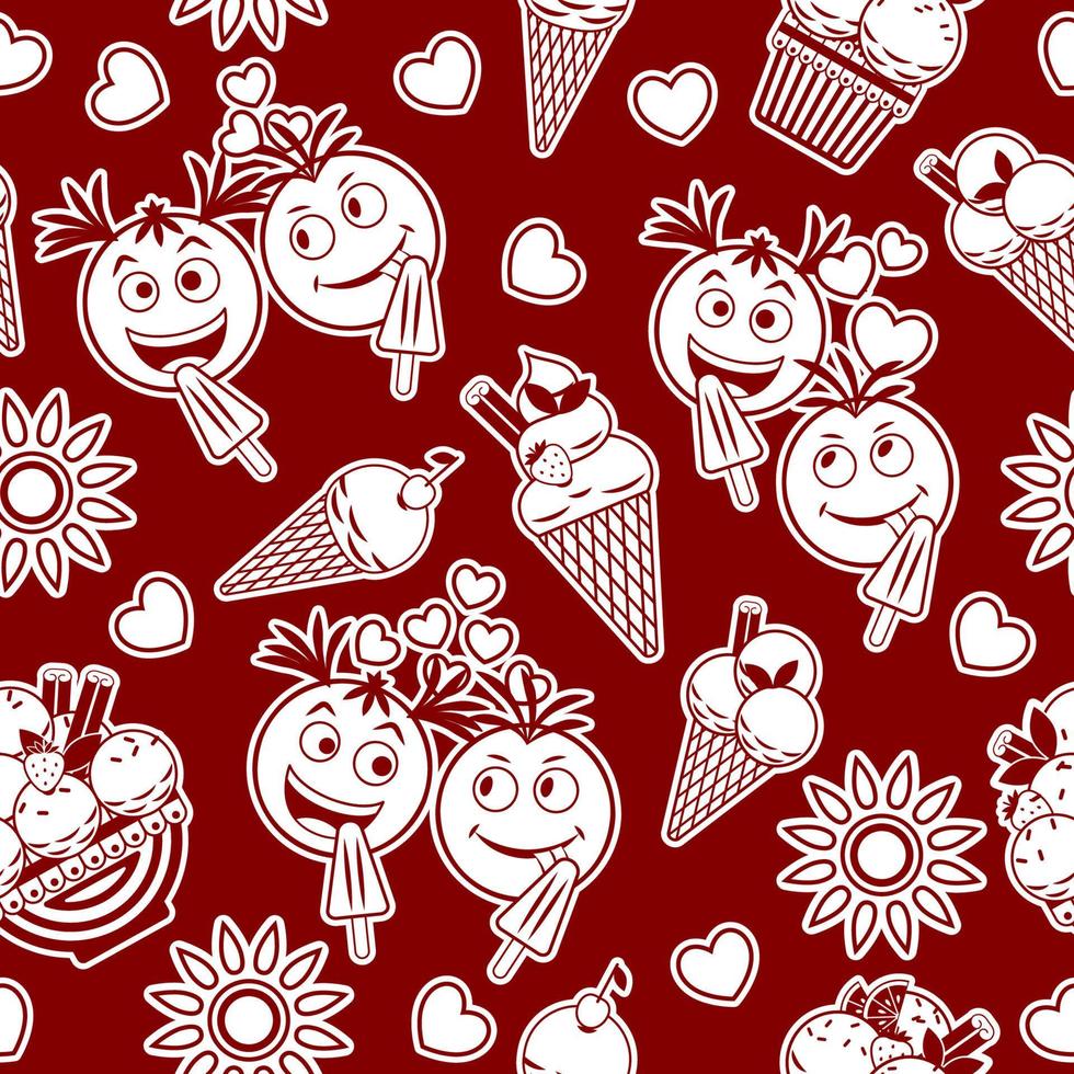 Funny monochrome red pattern with ice cream, crazy emoji love couple, sun icon, hearts. Simple minimal style. For prints, clothing, t shirt design vector