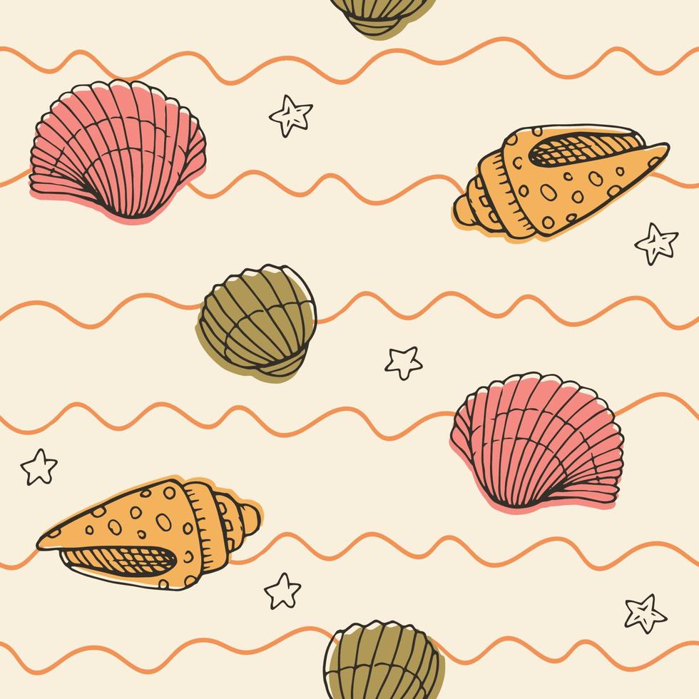 Vector seamless pattern with hand drawn scallop seashells, sea elements and stars. Beautiful marine design, perfect for prints and patterns, textile, fabric, children background