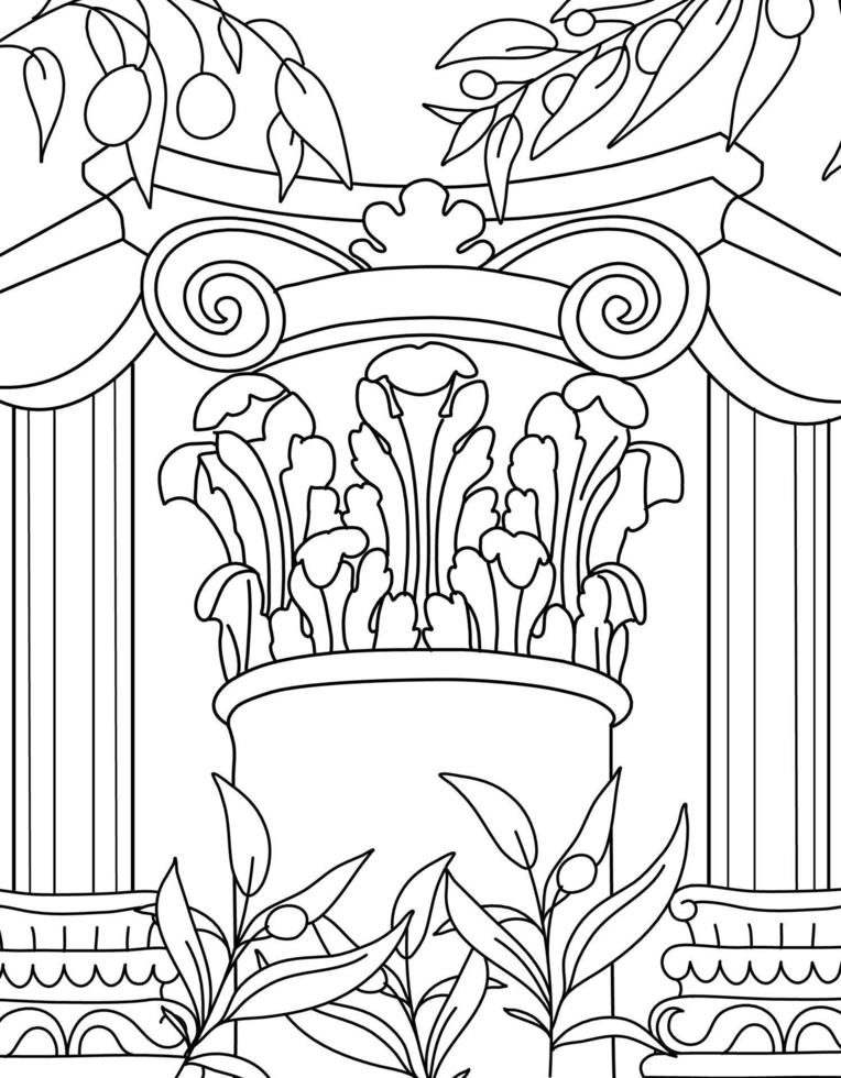 Ancient Greece Coloring page. Hand illustrations, plaster antique statues, Corinthian column, pillar. Drawings for poster. Beautiful drawing with patterns and small details. Coloring book picture vector