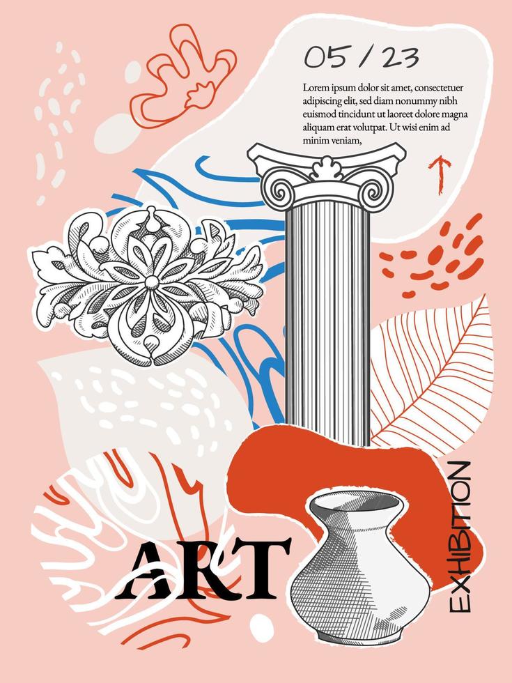 Creative flyer or poster concepts with abstract geometric shapes, ancient pillar, amphora on light background. Roman and Greek vector illustration. Art posters for the exhibition,  magazine or cover