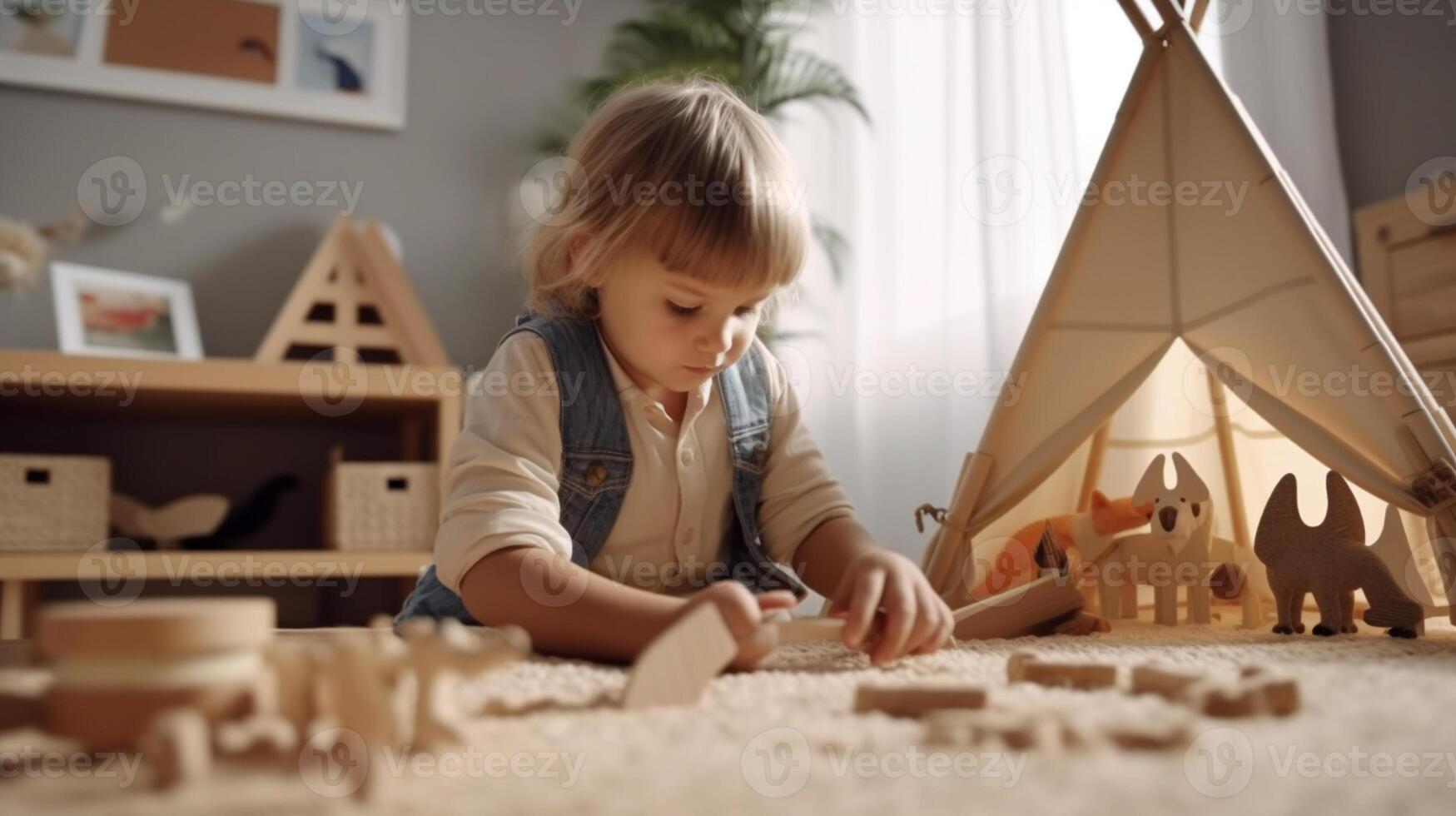 Cute little children playing with toys in the room artwork photo