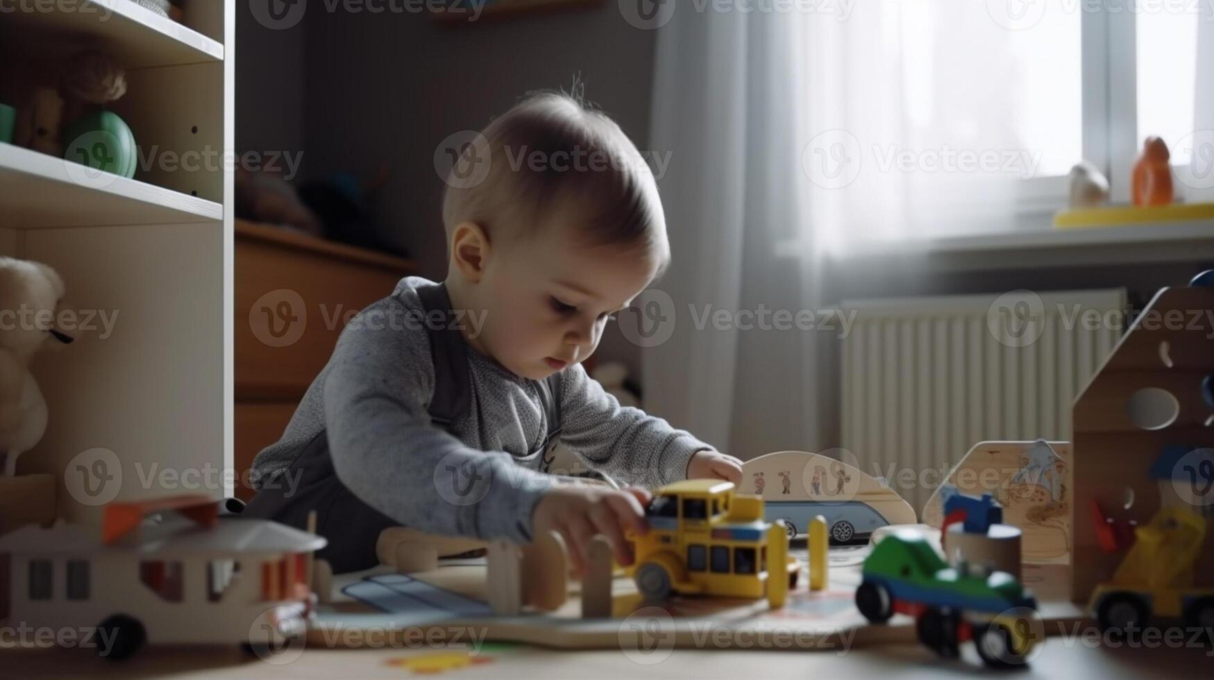 ai generativo linda pequeño niños jugando con juguetes en el habitación ai generado obra de arte foto