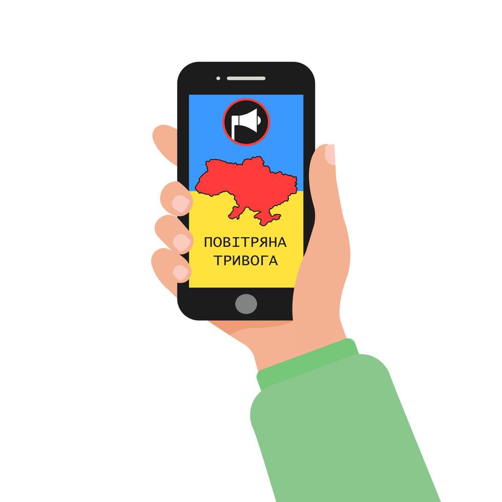 Human hand hold smartphone with air raid alert message in Ukrainian language vector