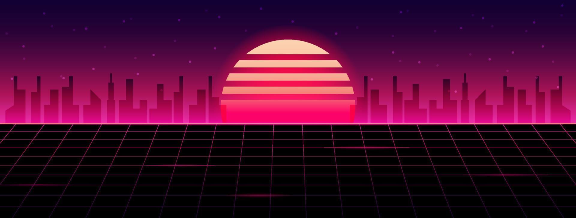 Background in cyberpunk style. Neon vector color design, future city sunset.