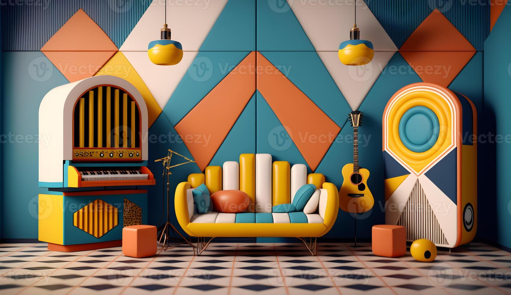 aesthetic interior room colorful,retro futuristic colorful studio , photo